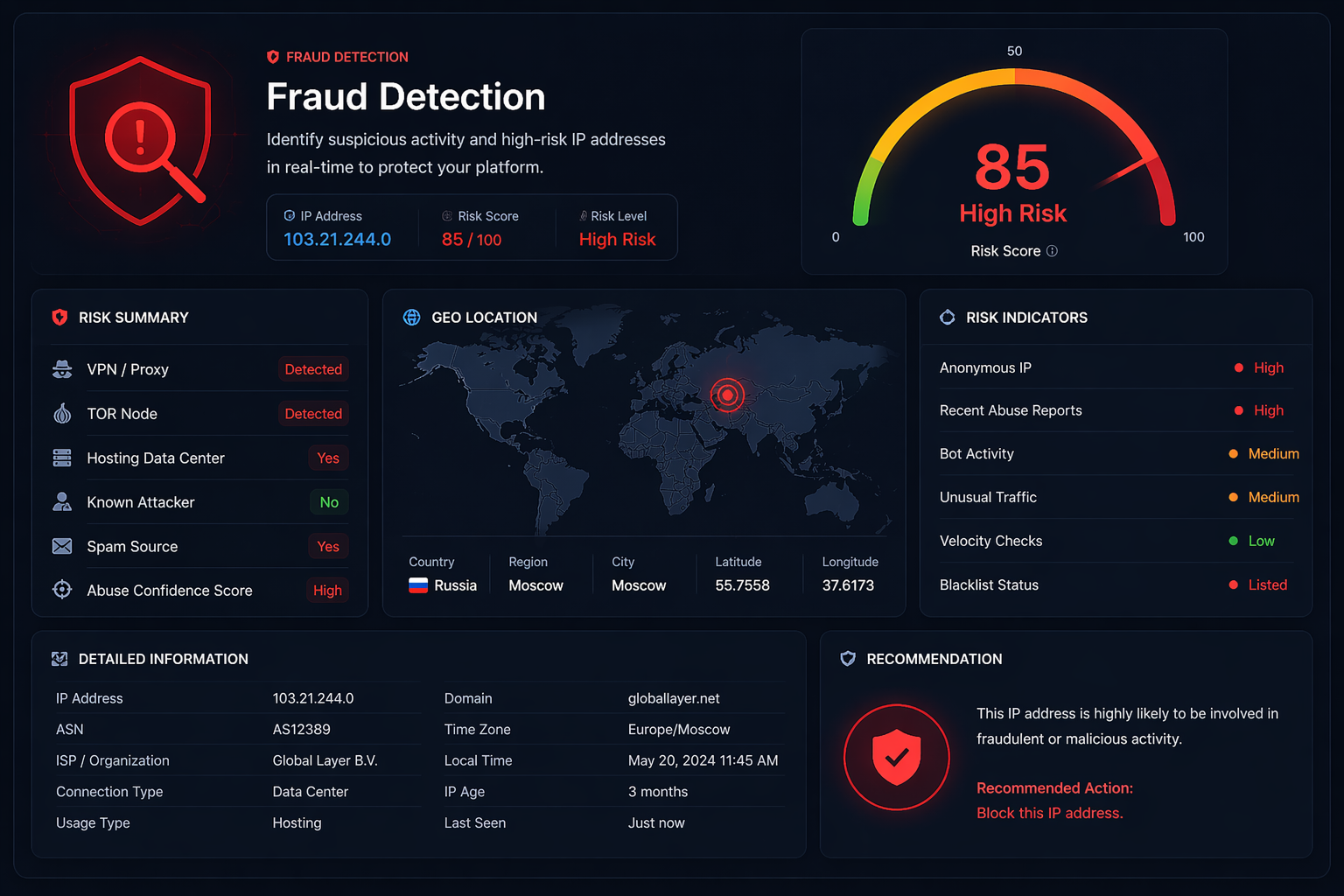 GetIPLoc VPN, proxy and Tor risk flags for a visitor IP